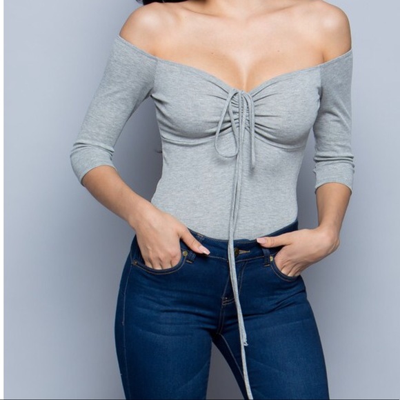 Heather Grey Off Shoulder Scrunch Bust Bodysuit - Picture 3 of 7